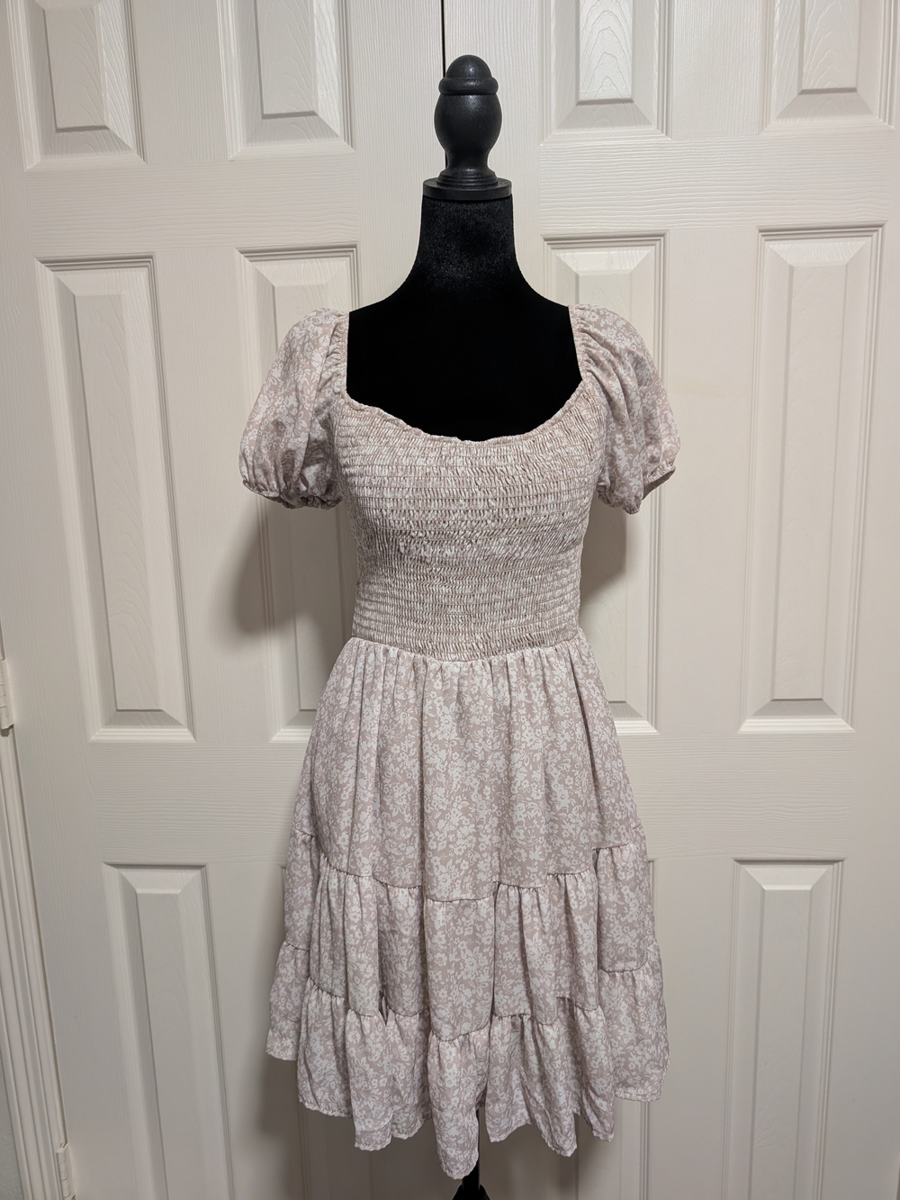 Altar'd State Soft Cream Floral Smocked Puff Sleeve Mini Dress